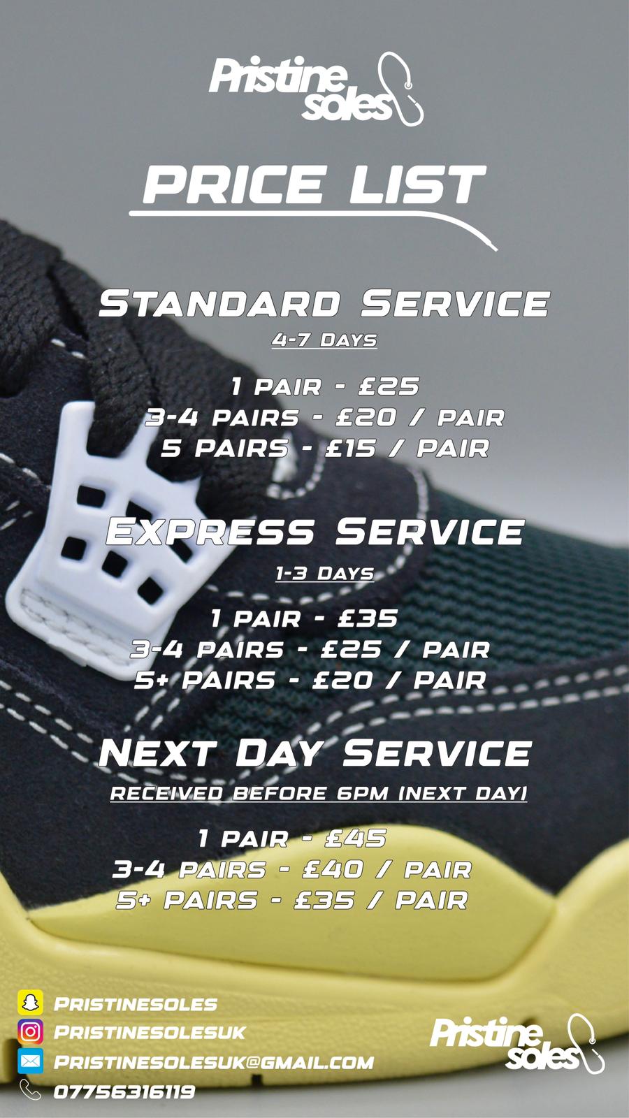 Pristine Soles Price List